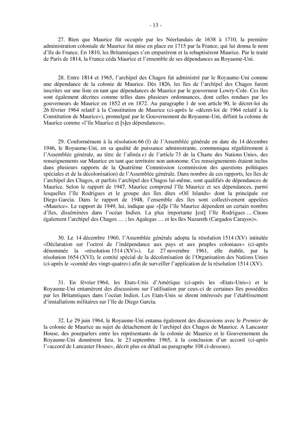 COUR INTERNATIONALE DE JUSTICE - ARCHIPEL DES CHAGOS DE MAURICE