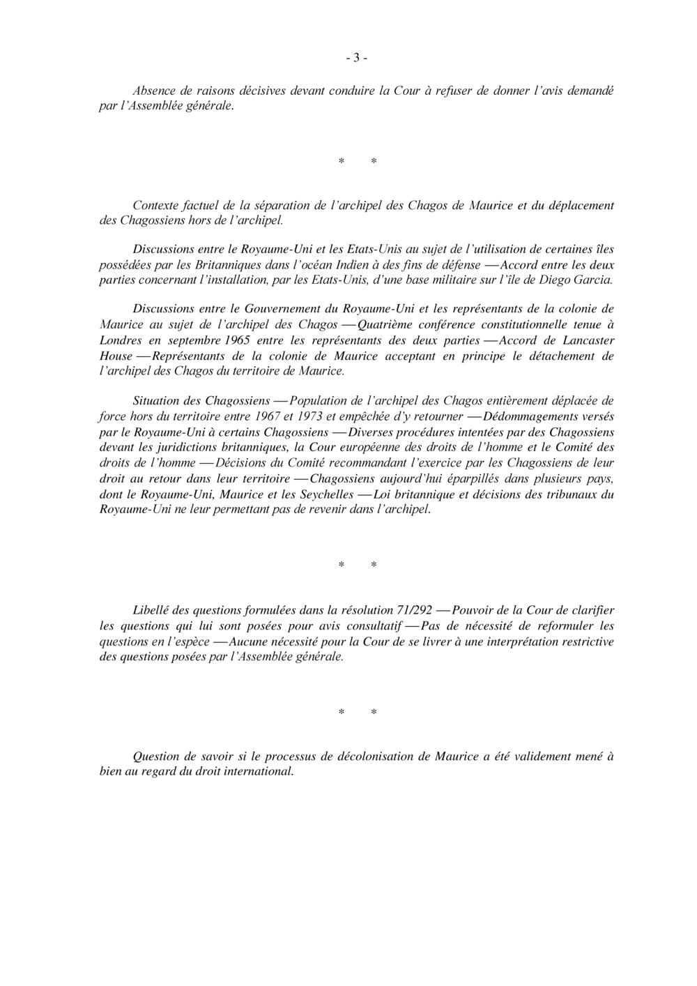 COUR INTERNATIONALE DE JUSTICE - ARCHIPEL DES CHAGOS DE MAURICE