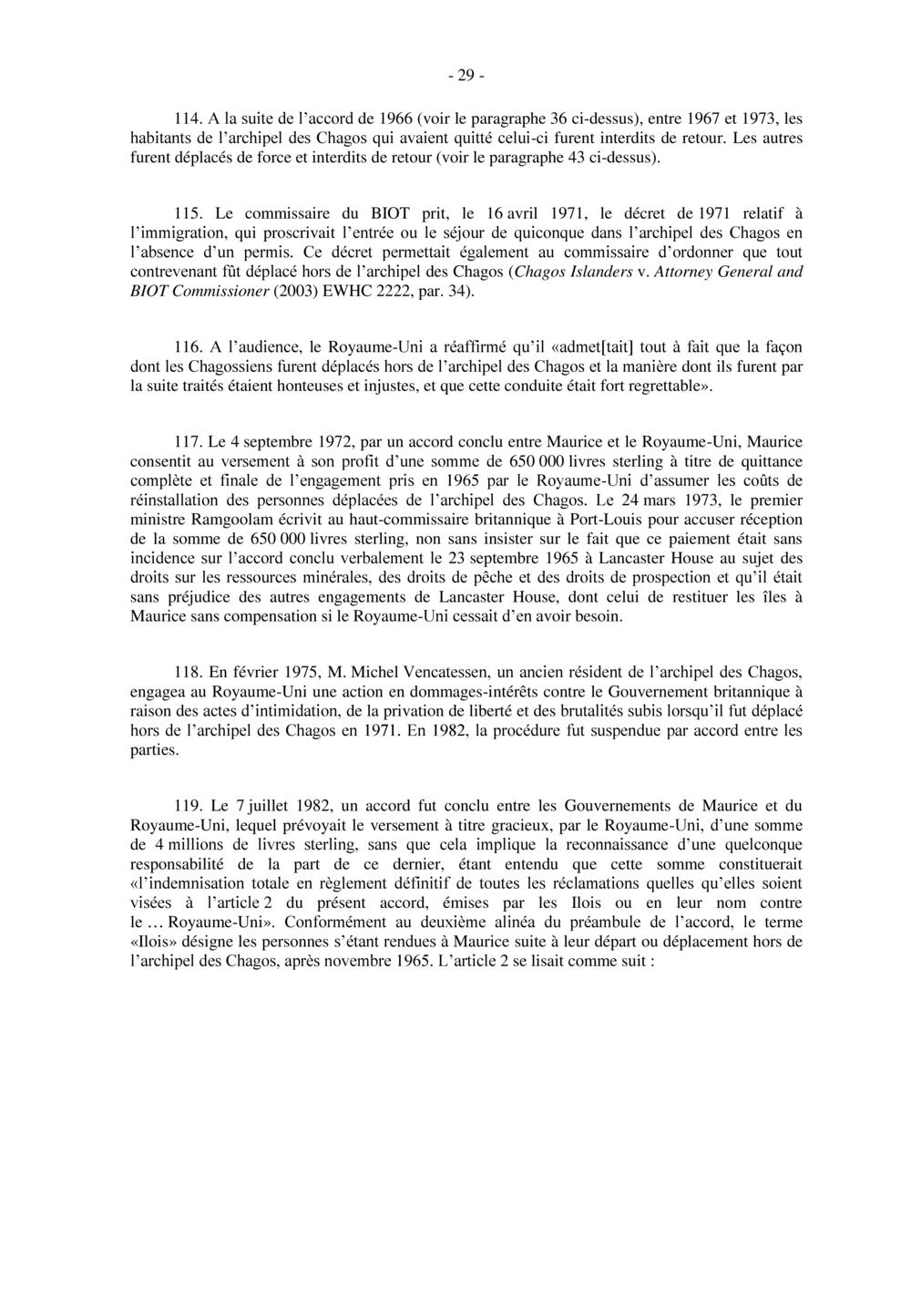 COUR INTERNATIONALE DE JUSTICE - ARCHIPEL DES CHAGOS DE MAURICE
