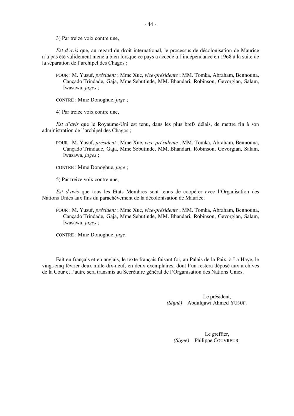 COUR INTERNATIONALE DE JUSTICE - ARCHIPEL DES CHAGOS DE MAURICE
