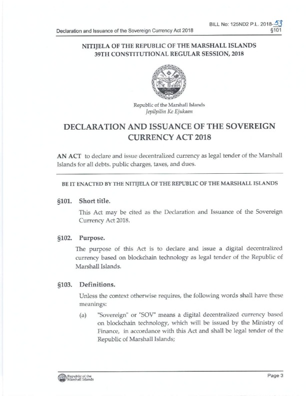 Declaration and Issuance of the Sovereign Currency Act 2018