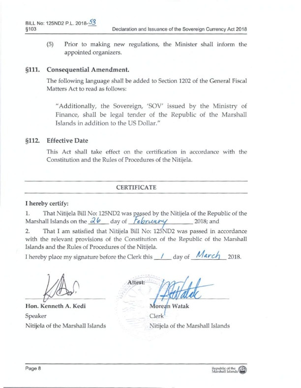 Declaration and Issuance of the Sovereign Currency Act 2018