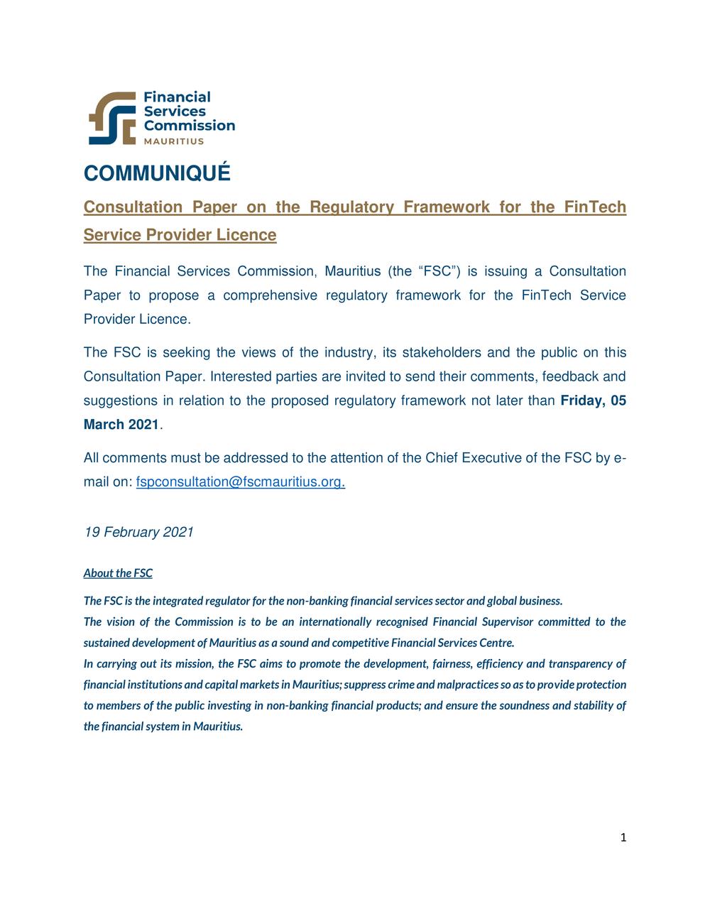 Consultation Paper on the Regulatory Framework for the FinTech Service Provider License