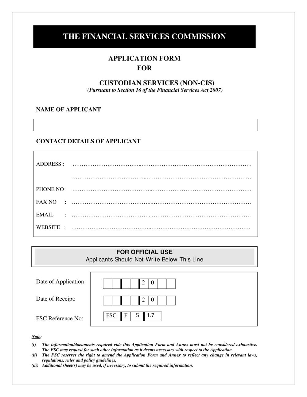 FSC Custodian Services - NON CIS - License Application Form