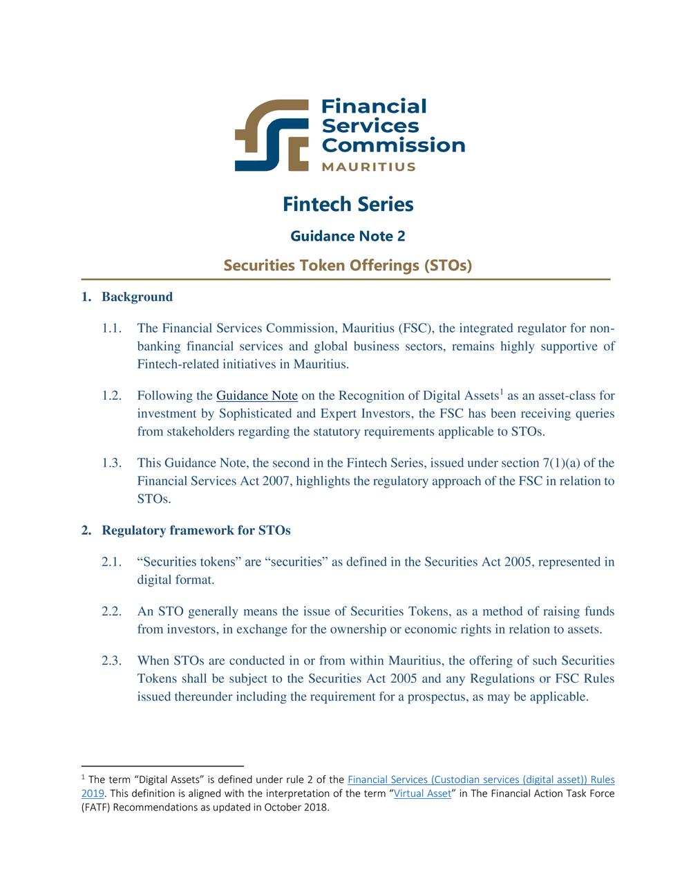 Guidance notes on security tokens - STOs by the FSC