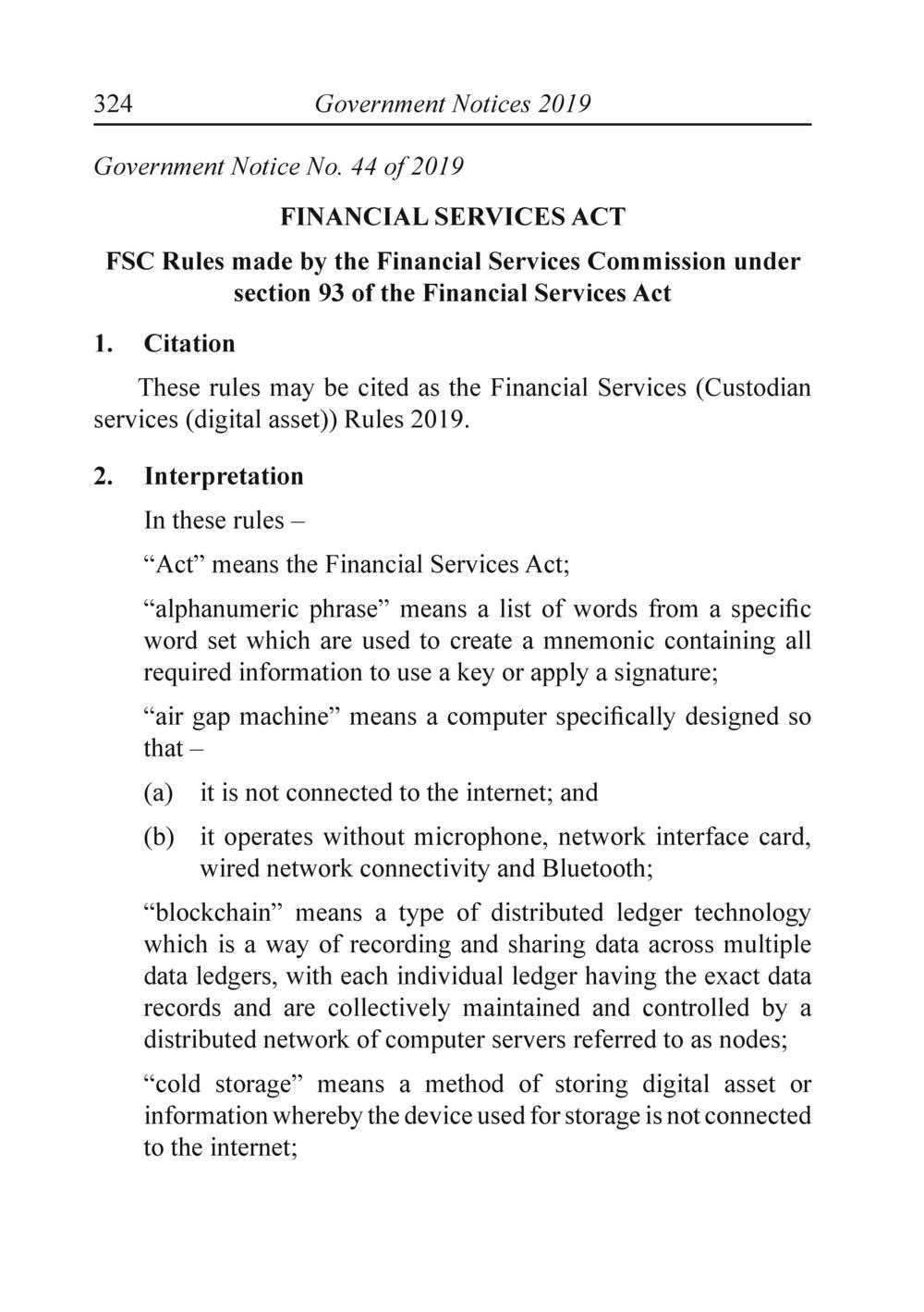 The Financial Services Custodian services digital asset Rules 2019