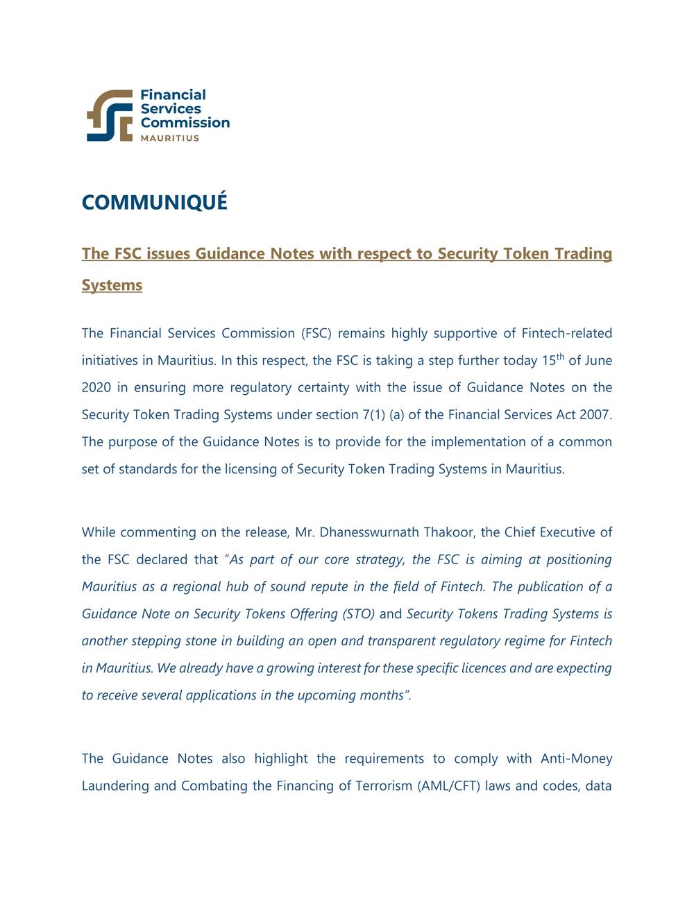 The FSC issues Guidance Notes with respect to Security Token Trading Systems