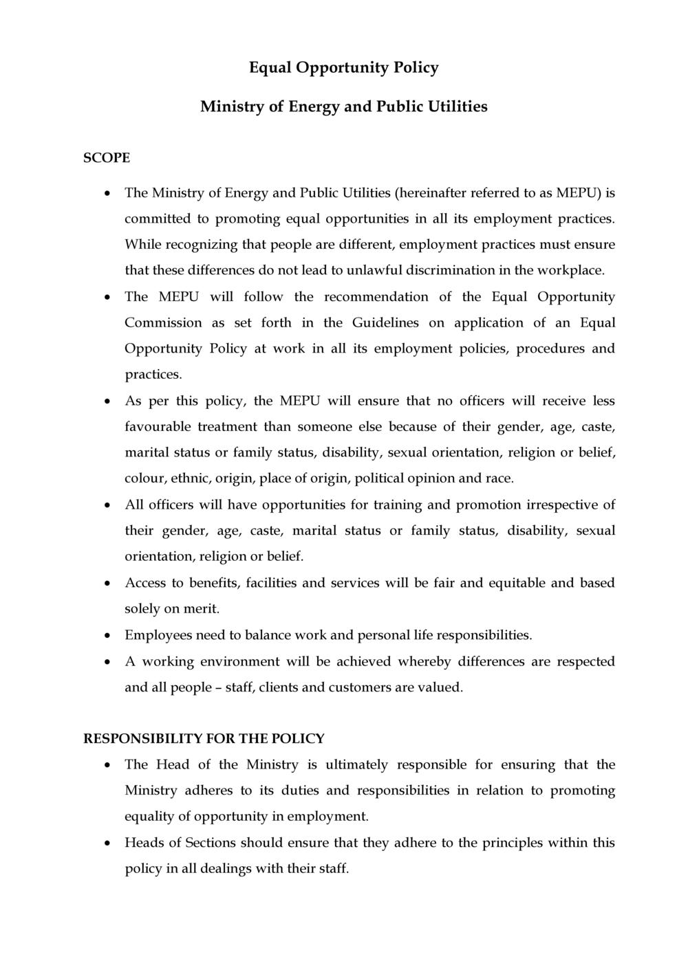 Equal Opportunity Policy  - Ministry of Energy and Public Utilities