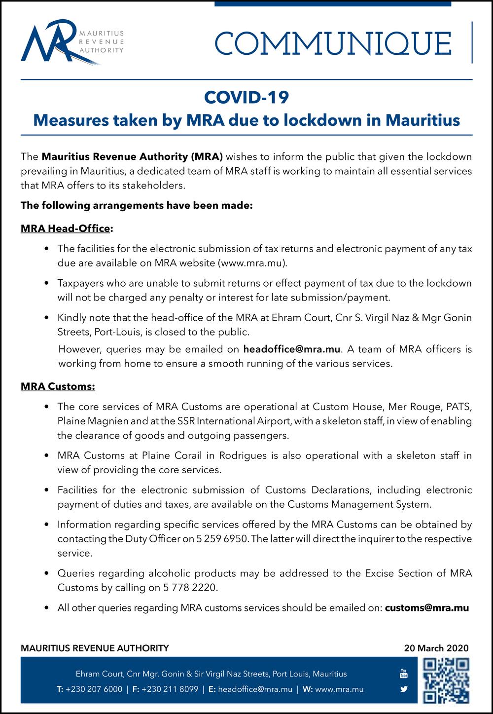 CommuniqueCovid19 - Measures taken by MRA due to lockdown in Mauritius