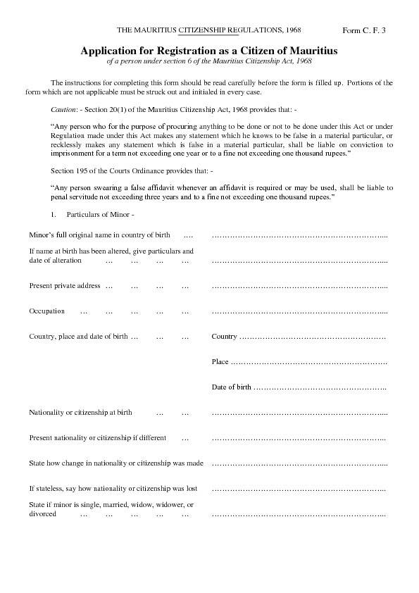APPLICATION FOR REGISTRATION OF MINOR CHILDREN - Application for Registration as a Citizen of Mauritius