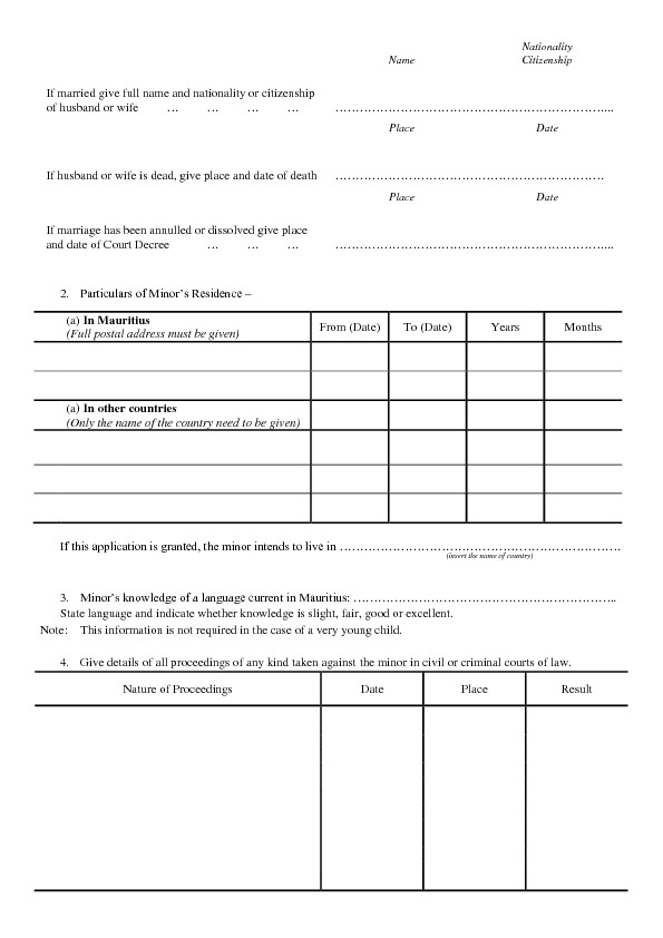 APPLICATION FOR REGISTRATION OF MINOR CHILDREN - Application for Registration as a Citizen of Mauritius