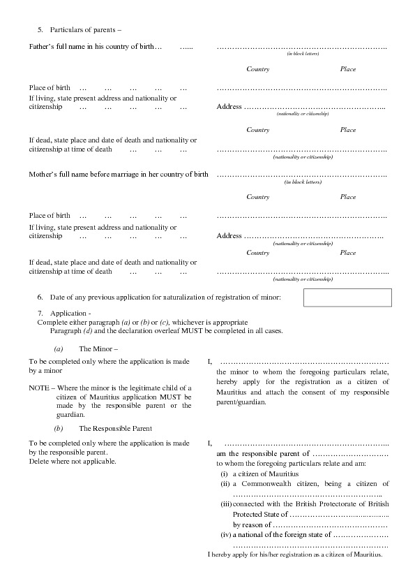 APPLICATION FOR REGISTRATION OF MINOR CHILDREN - Application for Registration as a Citizen of Mauritius