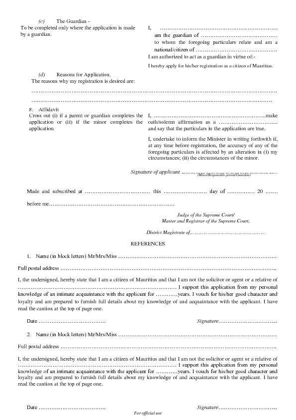 APPLICATION FOR REGISTRATION OF MINOR CHILDREN - Application for Registration as a Citizen of Mauritius