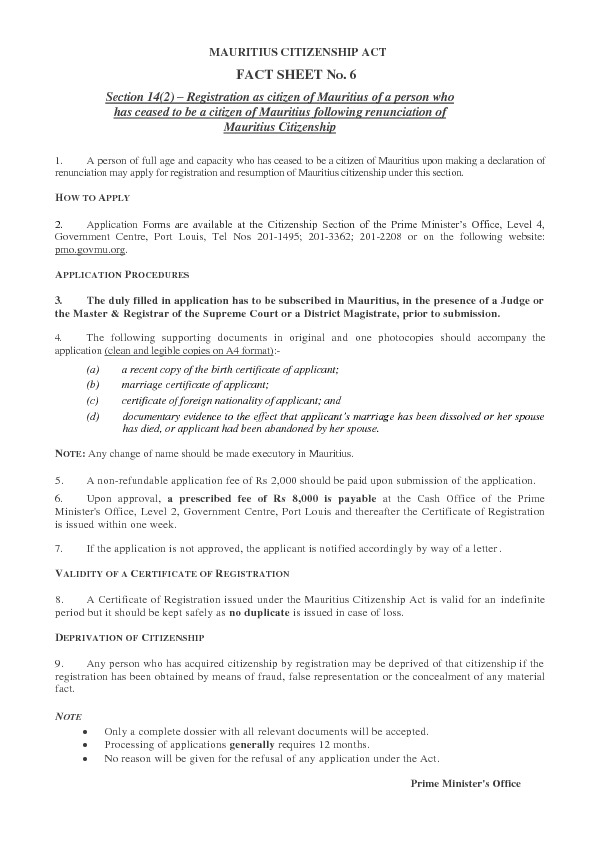 APPLICATION FOR RESUMPTION OF MAURITIAN CITIZENSHIP UNDER SECTION 14(2) OF THE MAURITIUS CITIZENSHIP ACT