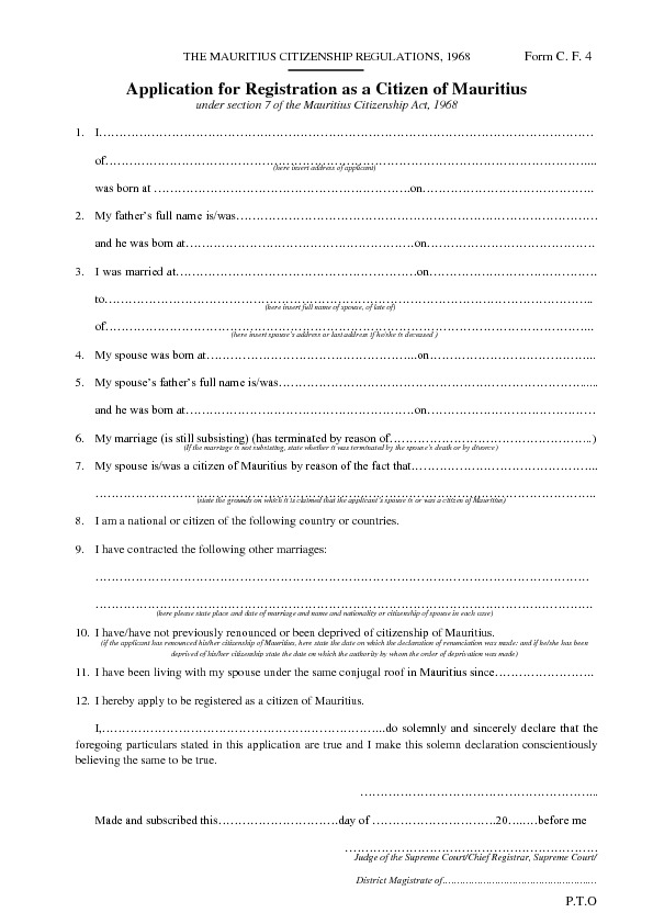 APPLICATION OF REGISTRATION OF FOREIGN SPOUSES OF MAURITIAN CITIZENS - Application for Registration as a Citizen of Mauritius