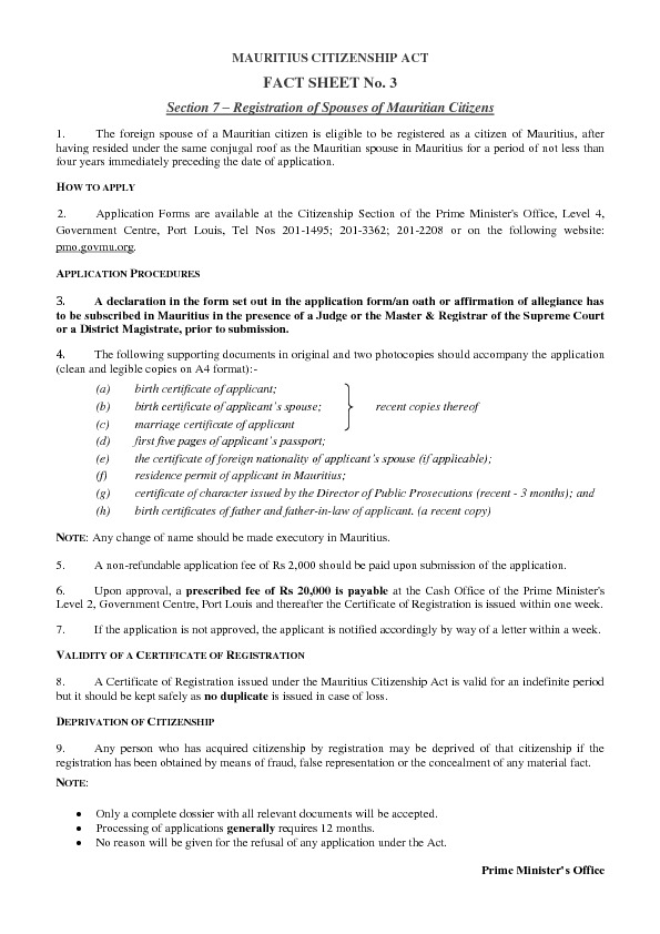 APPLICATION OF REGISTRATION OF FOREIGN SPOUSES OF MAURITIAN CITIZENS - Application for Registration as a Citizen of Mauritius