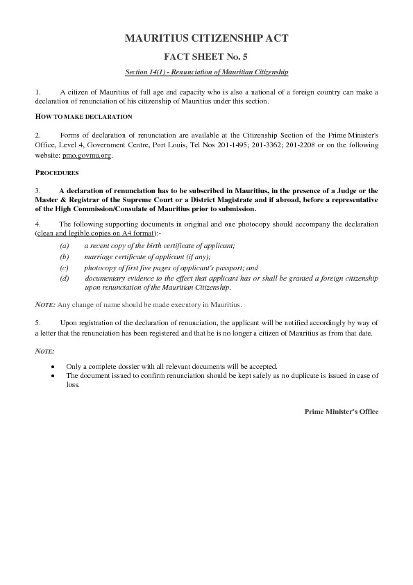 DECLARATION OF RENUNCIATION OF CITIZENSHIP OF MAURITIUS