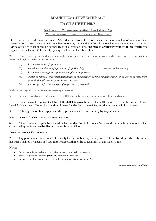 FACT SHEET - RESUMPTION OF MAURITIAN CITIZENSHIP - FOR PERSONS WHO ARE ORDINARILY RESIDENT IN MAURITIUS