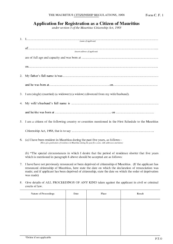 REGISTRATION OF COMMONWEALTH CITIZENS - Application for Registration as a Citizen of Mauritius