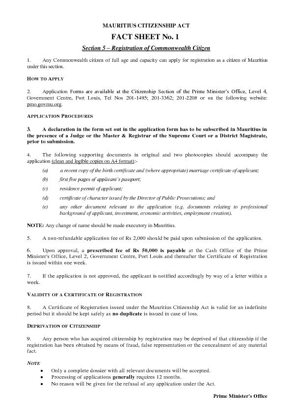 REGISTRATION OF COMMONWEALTH CITIZENS - Application for Registration as a Citizen of Mauritius