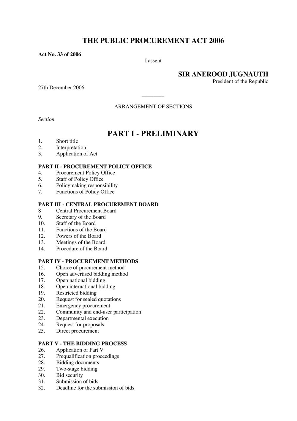 Public Procurement Act 2006-Amended as per Government Gazette No. 100 of 3 November 2018