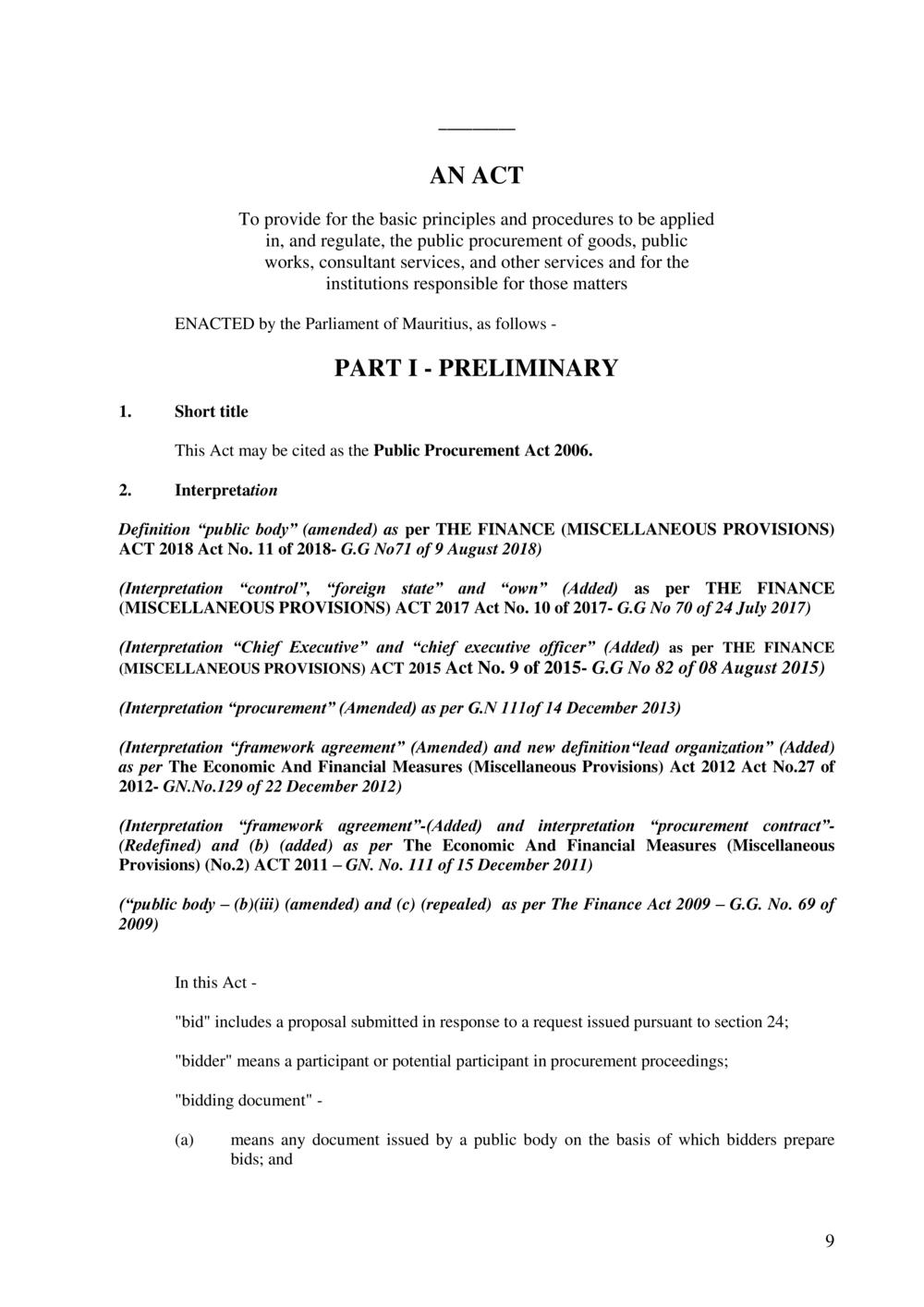 Public Procurement Act 2006-Amended as per Government Gazette No. 100 of 3 November 2018