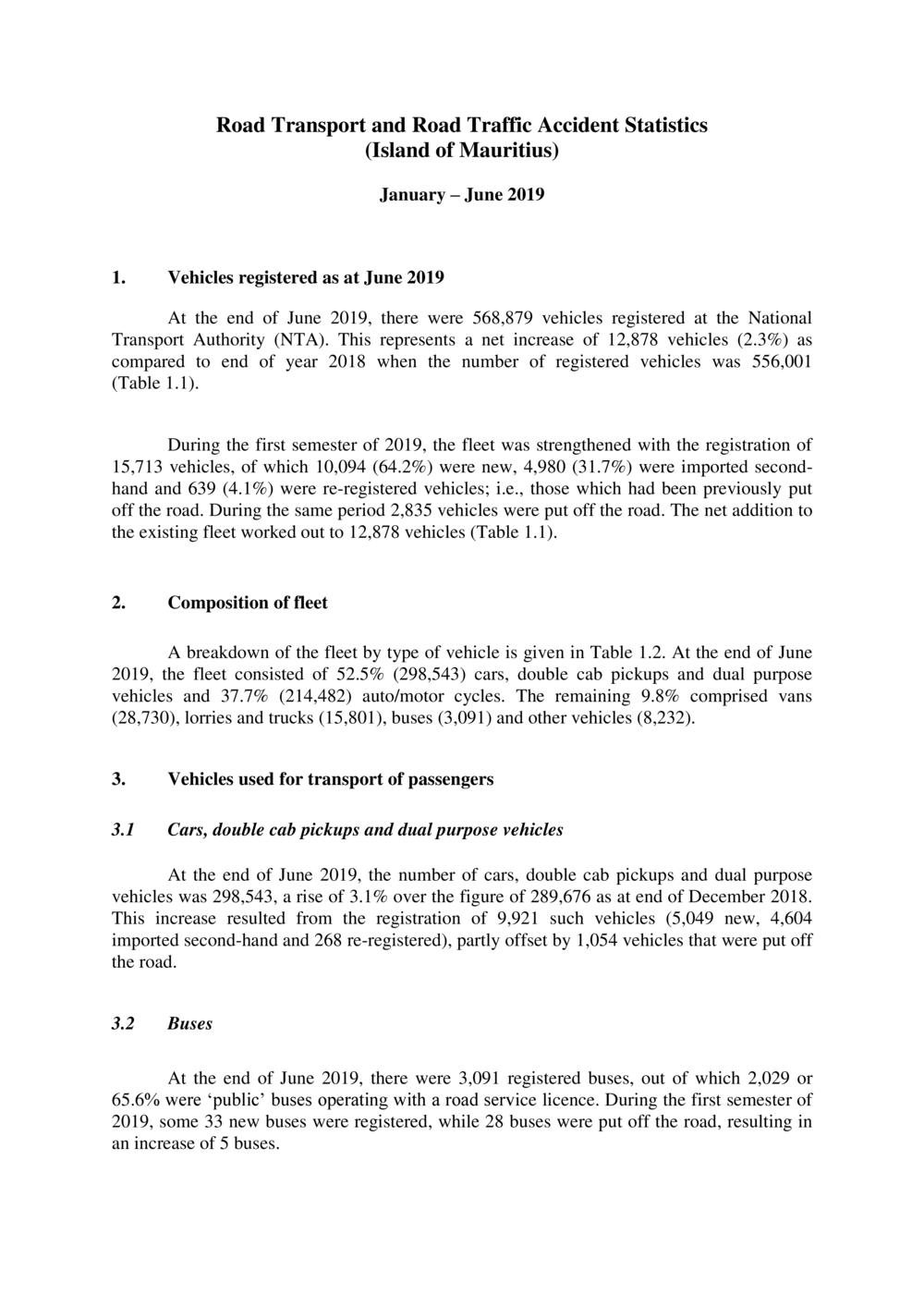 Road Transport and Road Traffic Accident Statistics - Mauritius - January to June 2019