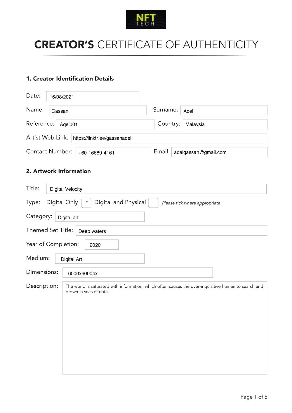 Certificate of Authenticity and Consignment Digital Velocity