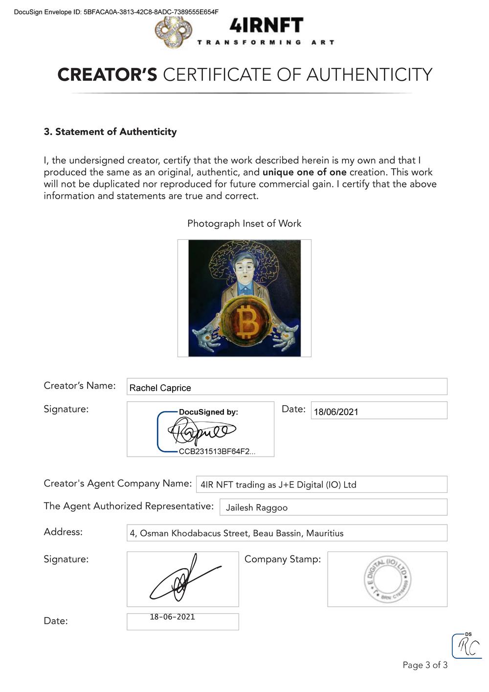 Certificate of Authenticity and Consignment-The Bitcoin Theory