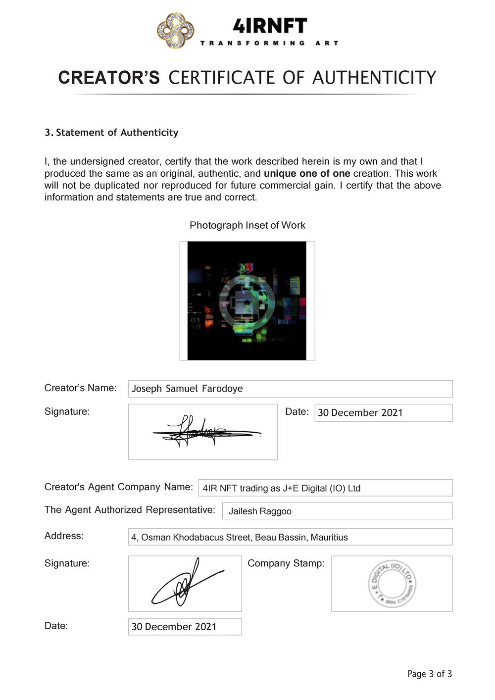 Certificate of Authenticity and Consignment - 22285