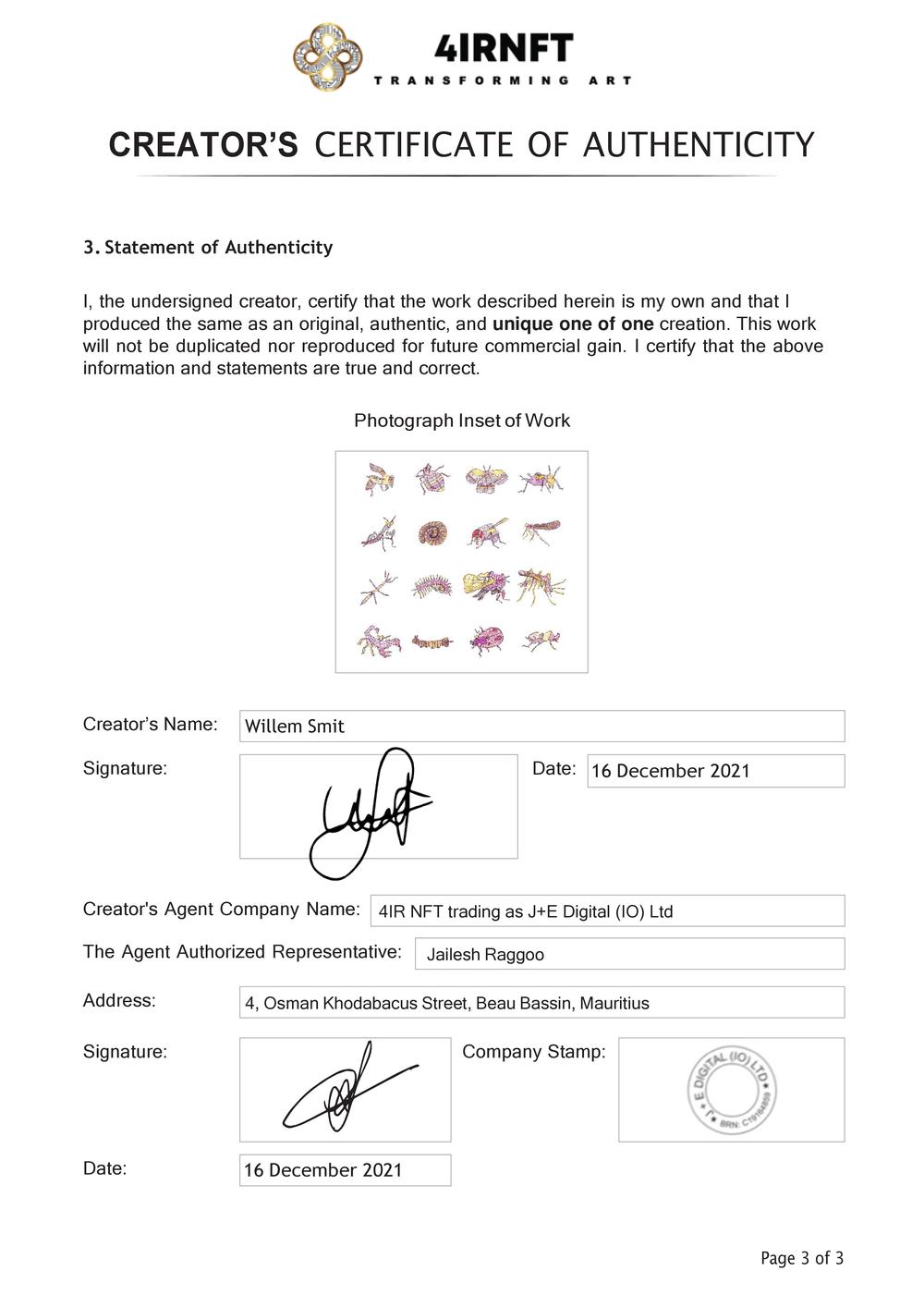 Certificate of Authenticity and Consignment - 3 Bugs