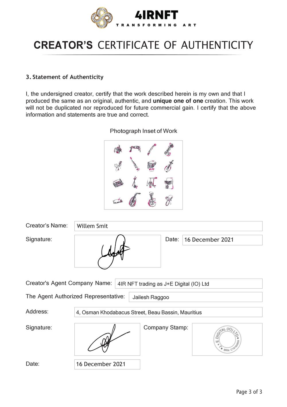 Certificate of Authenticity and Consignment - 3 Musical Instruments