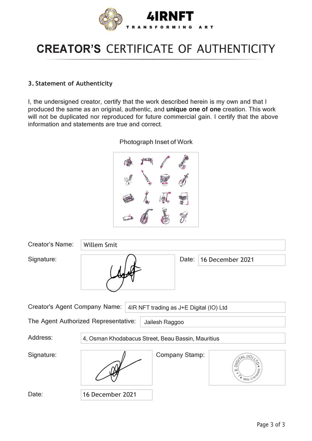 Certificate of Authenticity and Consignment - 3 Musical Instruments