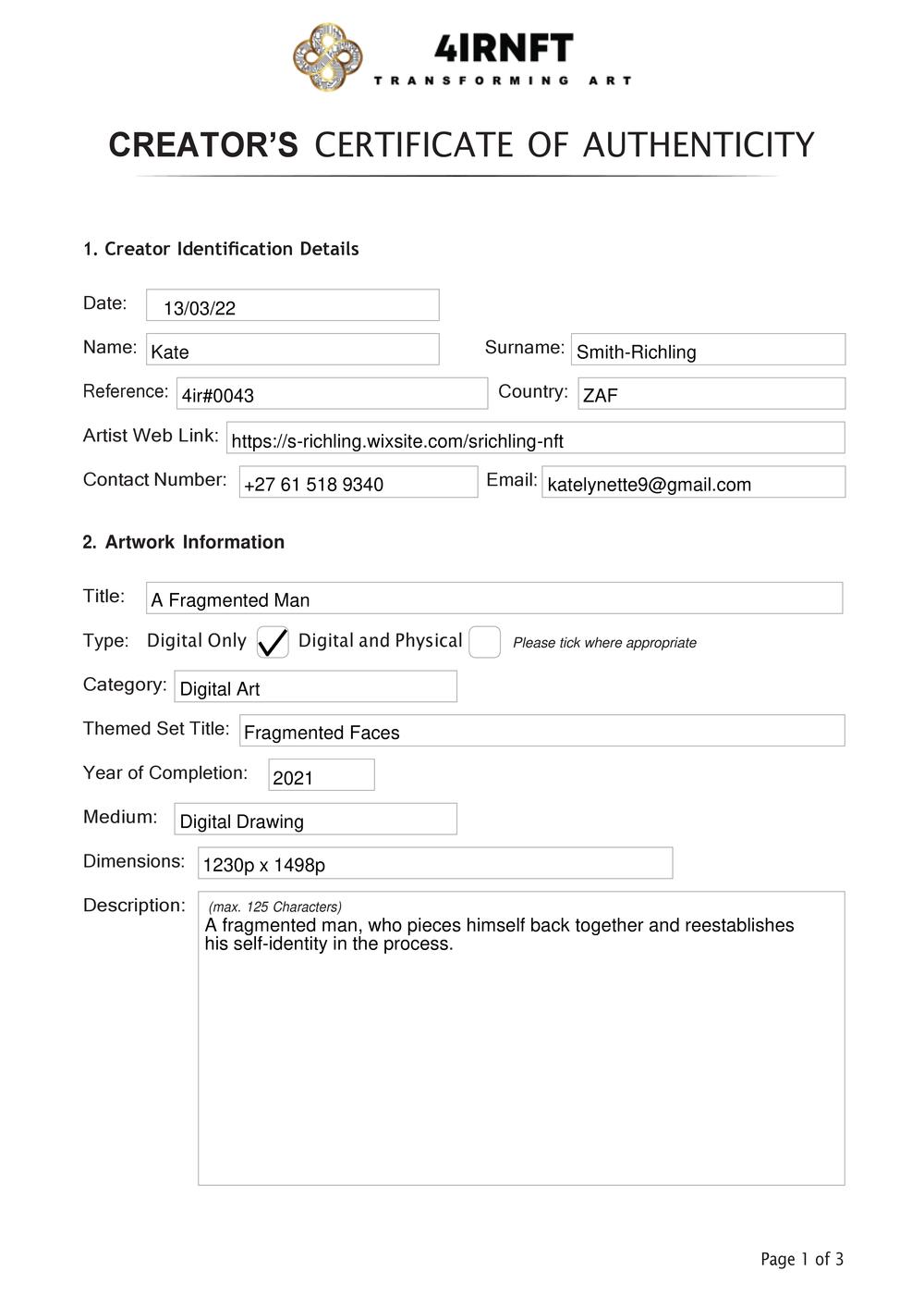 Certificate of Authenticity and Consignment - A Fragmented Man