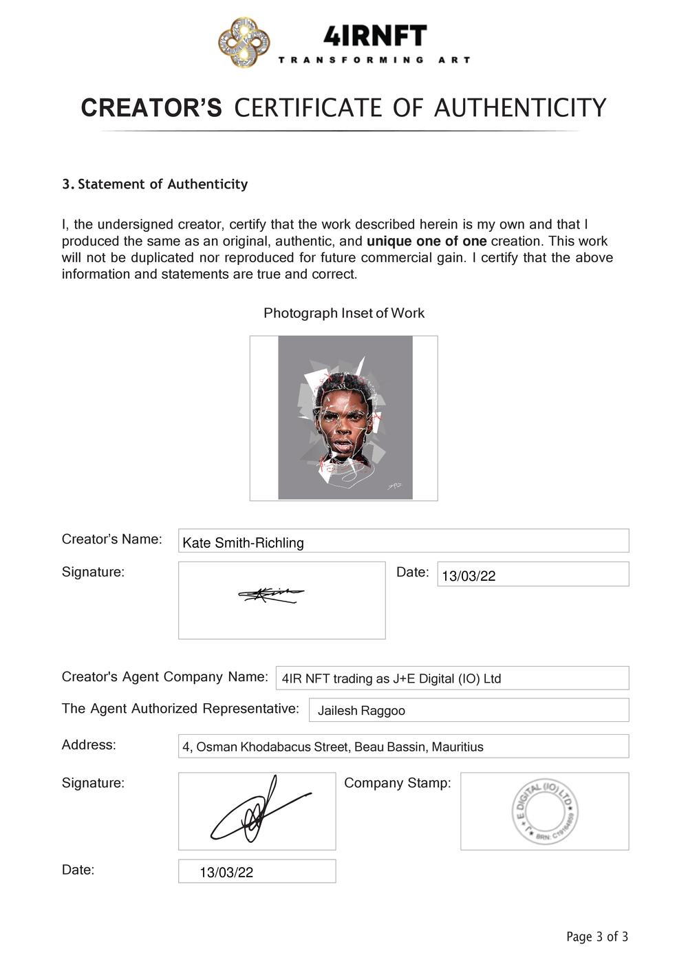 Certificate of Authenticity and Consignment - A Fragmented Man