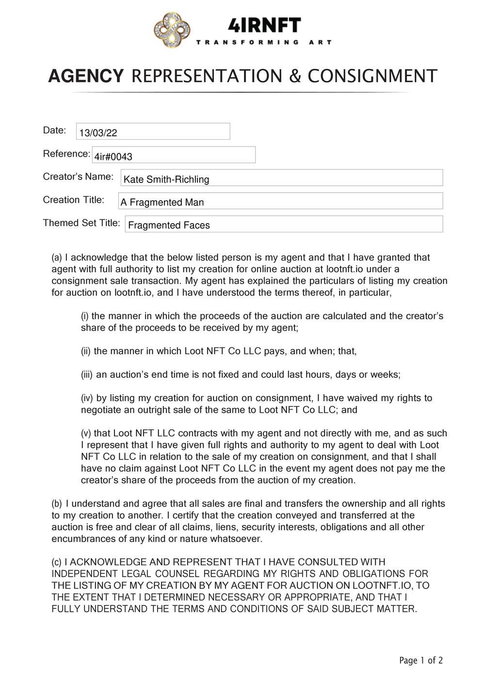 Certificate of Authenticity and Consignment - A Fragmented Man