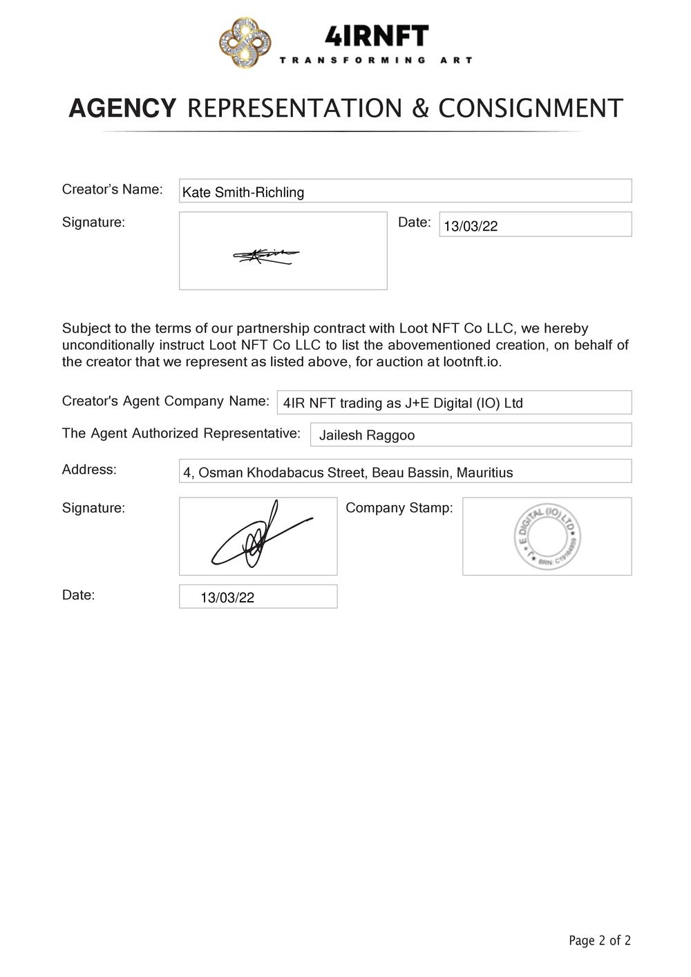 Certificate of Authenticity and Consignment - A Fragmented Man