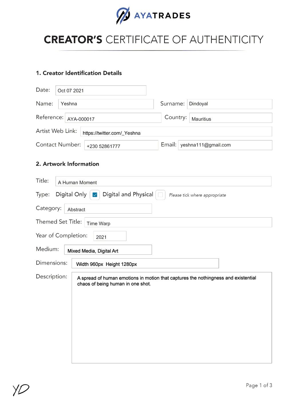 Certificate of Authenticity and Consignment - A Human Moment