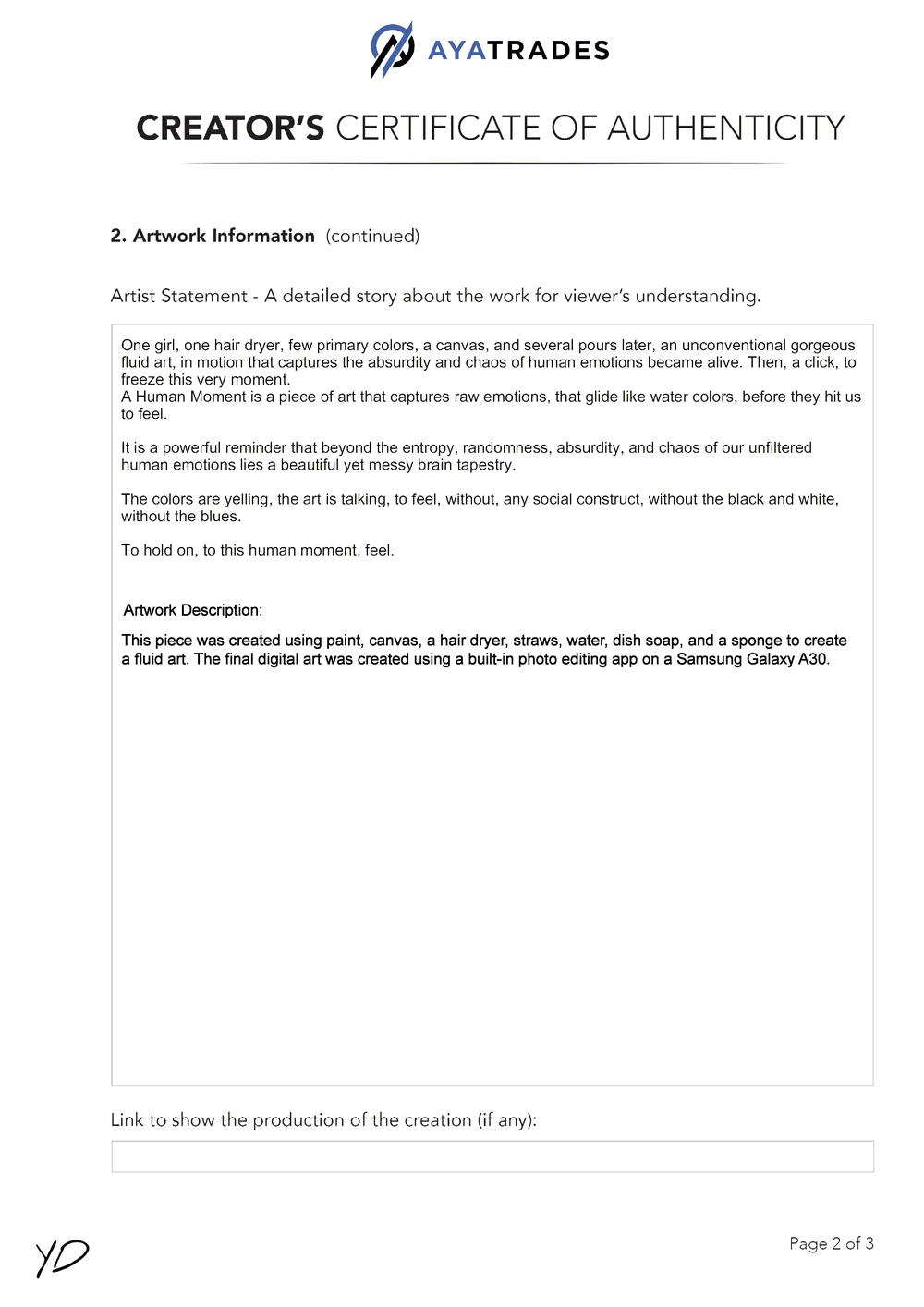 Certificate of Authenticity and Consignment - A Human Moment