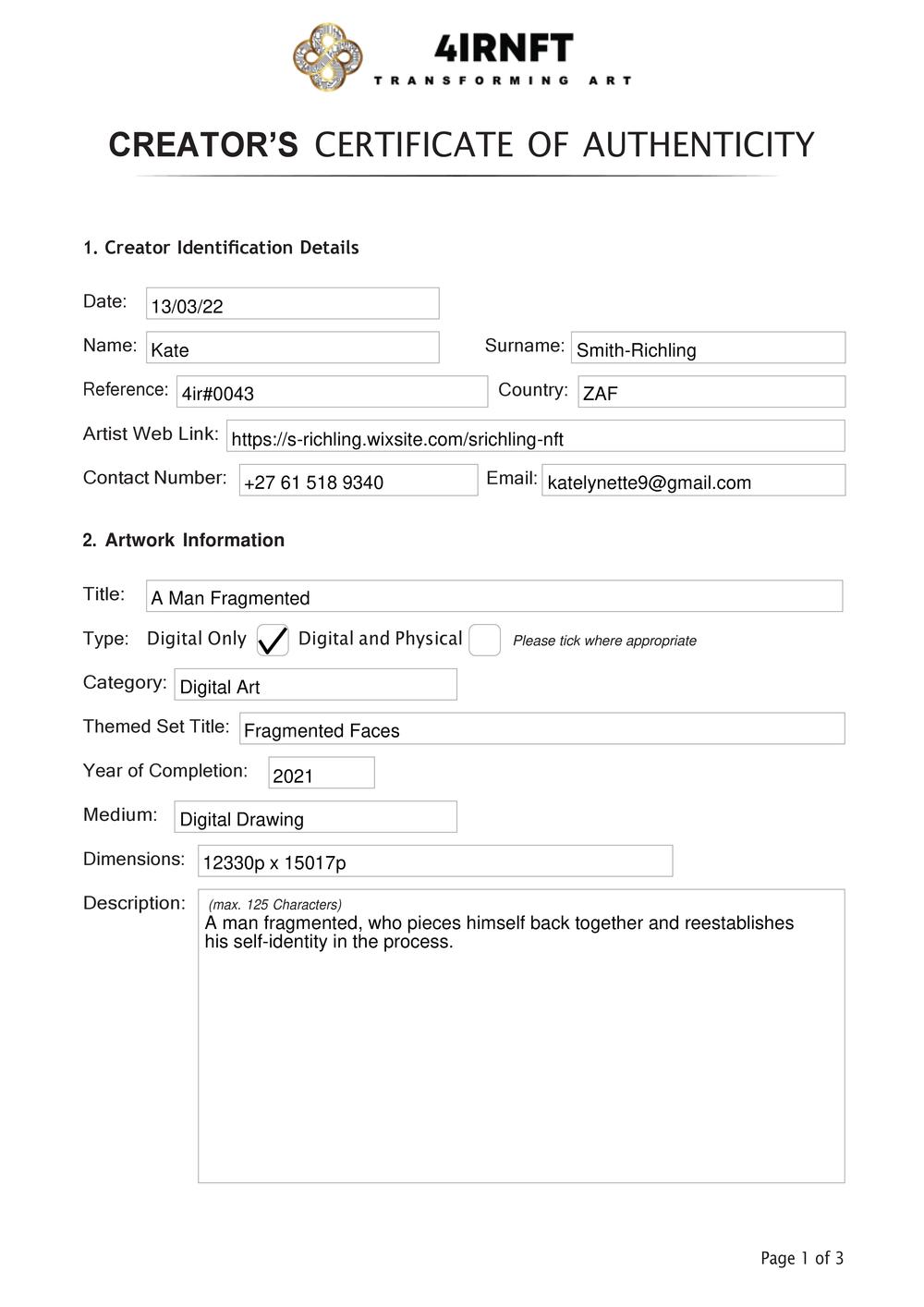 Certificate of Authenticity and Consignment - A Man Fragmented