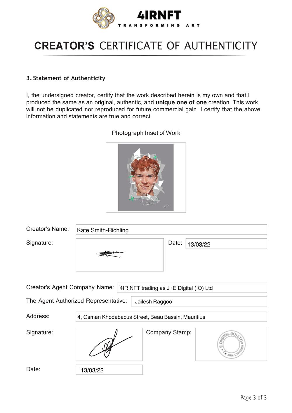 Certificate of Authenticity and Consignment - A Man Fragmented