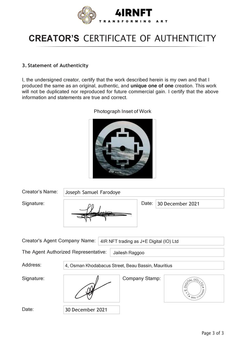 Certificate of Authenticity and Consignment - A Mutual Exchange Of Energy