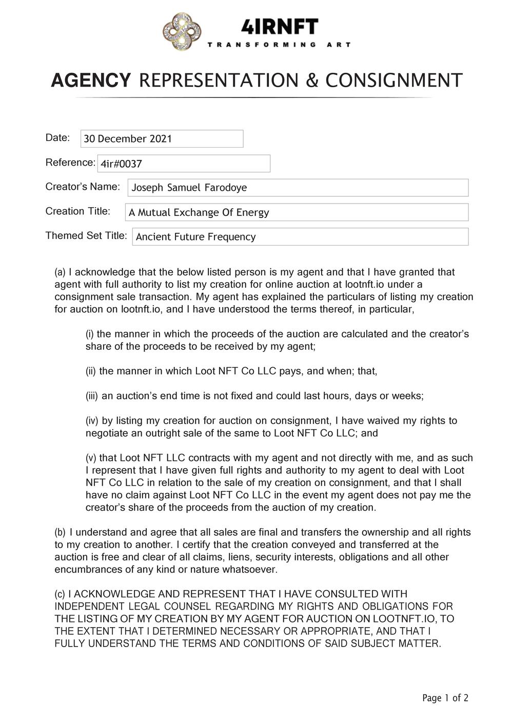 Certificate of Authenticity and Consignment - A Mutual Exchange Of Energy