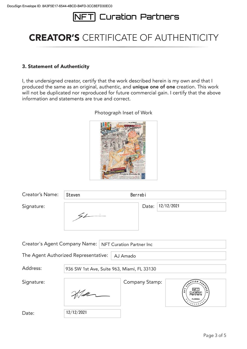Certificate of Authenticity and Consignment - A Perfect Wife