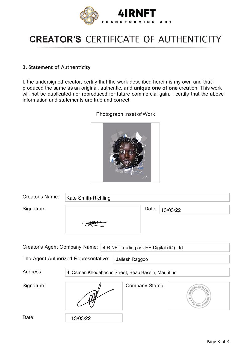 Certificate of Authenticity and Consignment - A Woman Fragmented