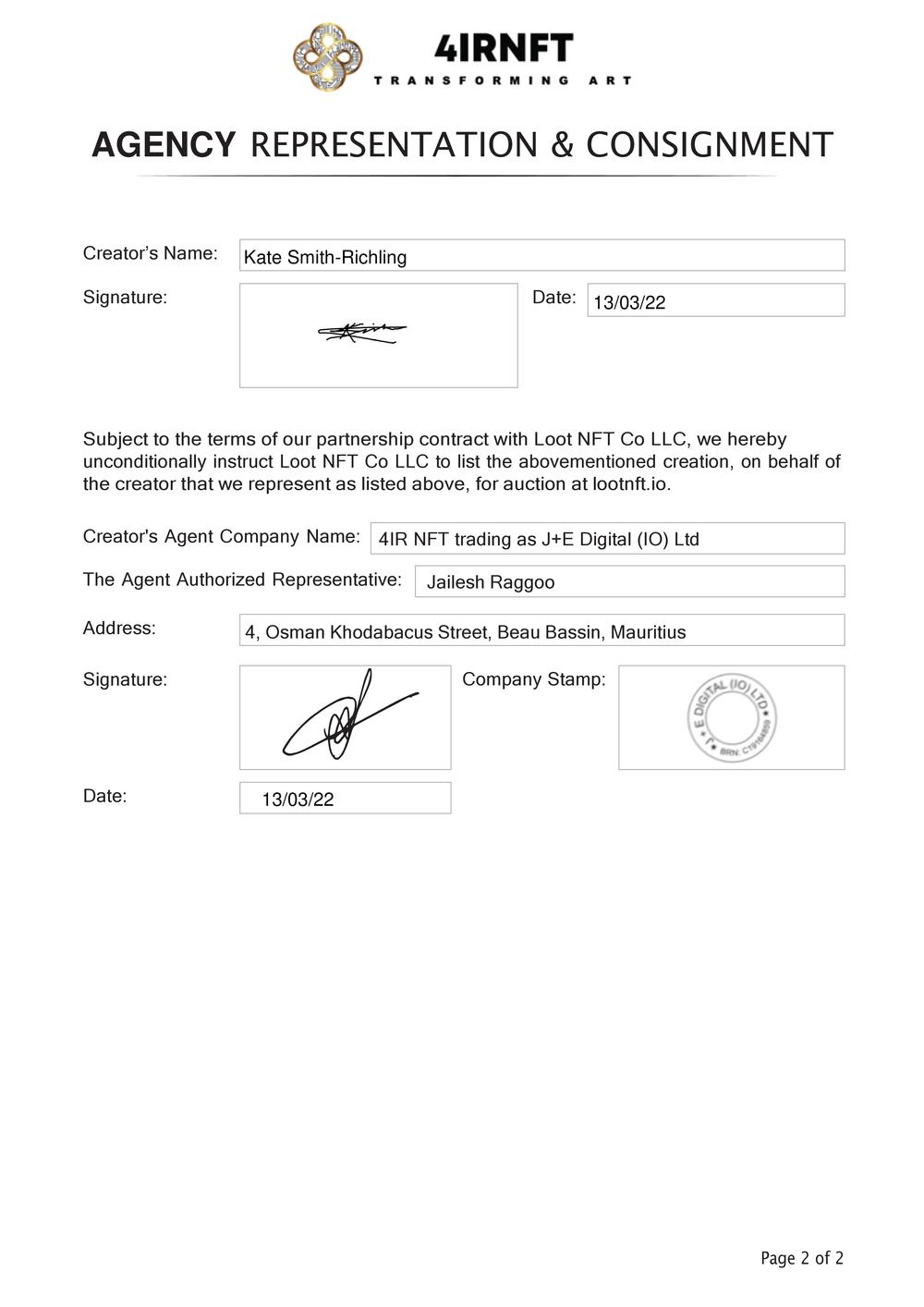 Certificate of Authenticity and Consignment - A Woman Fragmented