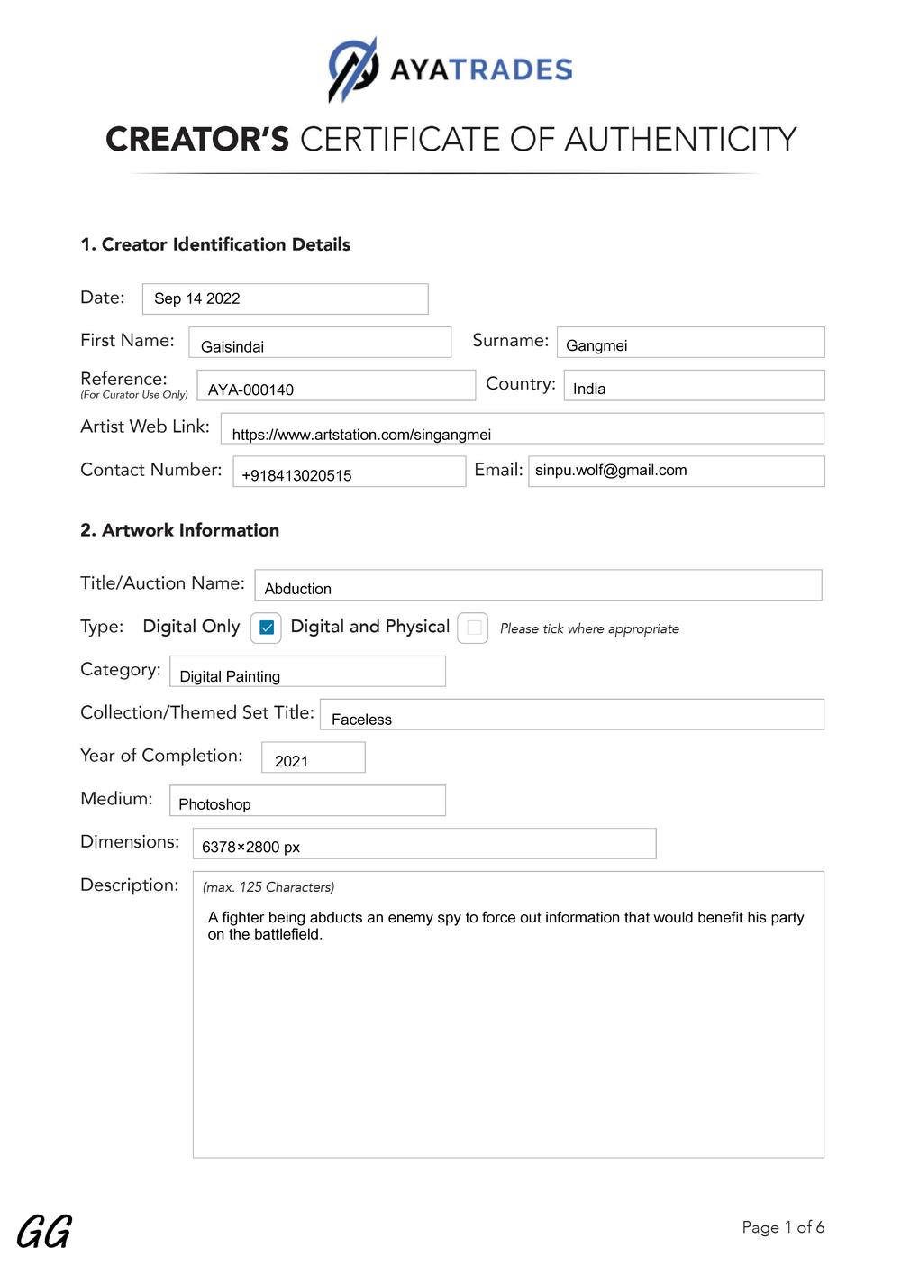 Certificate of Authenticity and Consignment - Abduction