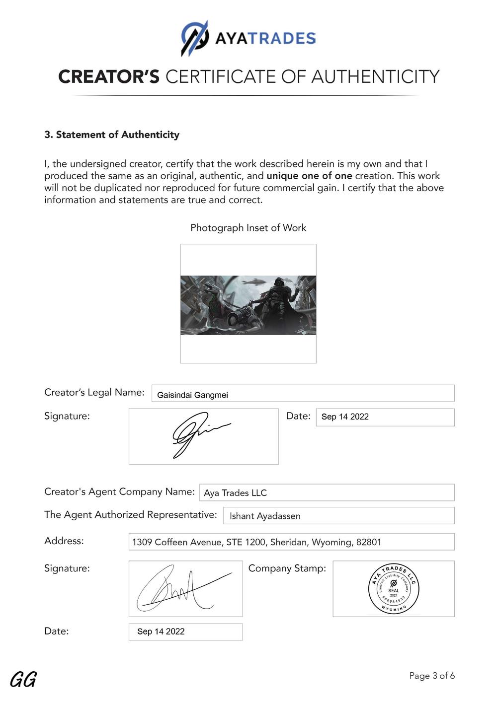 Certificate of Authenticity and Consignment - Abduction