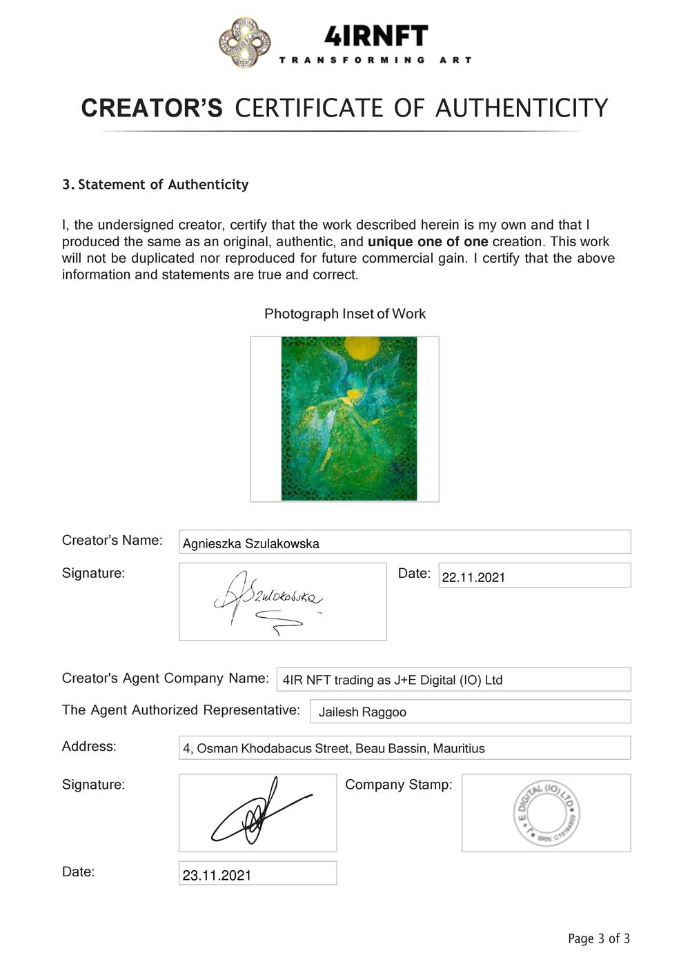 Certificate of Authenticity and Consignment - Abundance