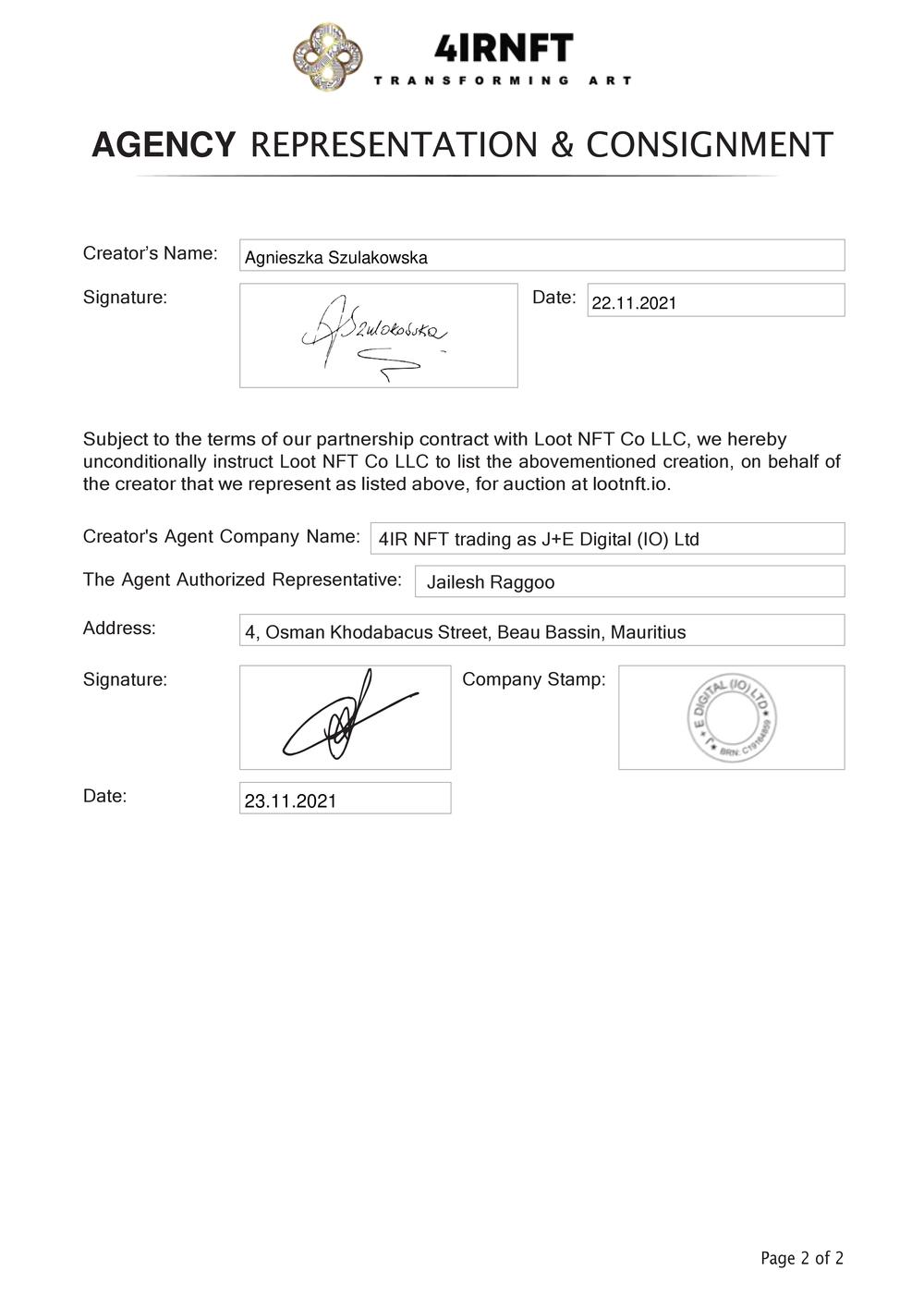 Certificate of Authenticity and Consignment - Abundance
